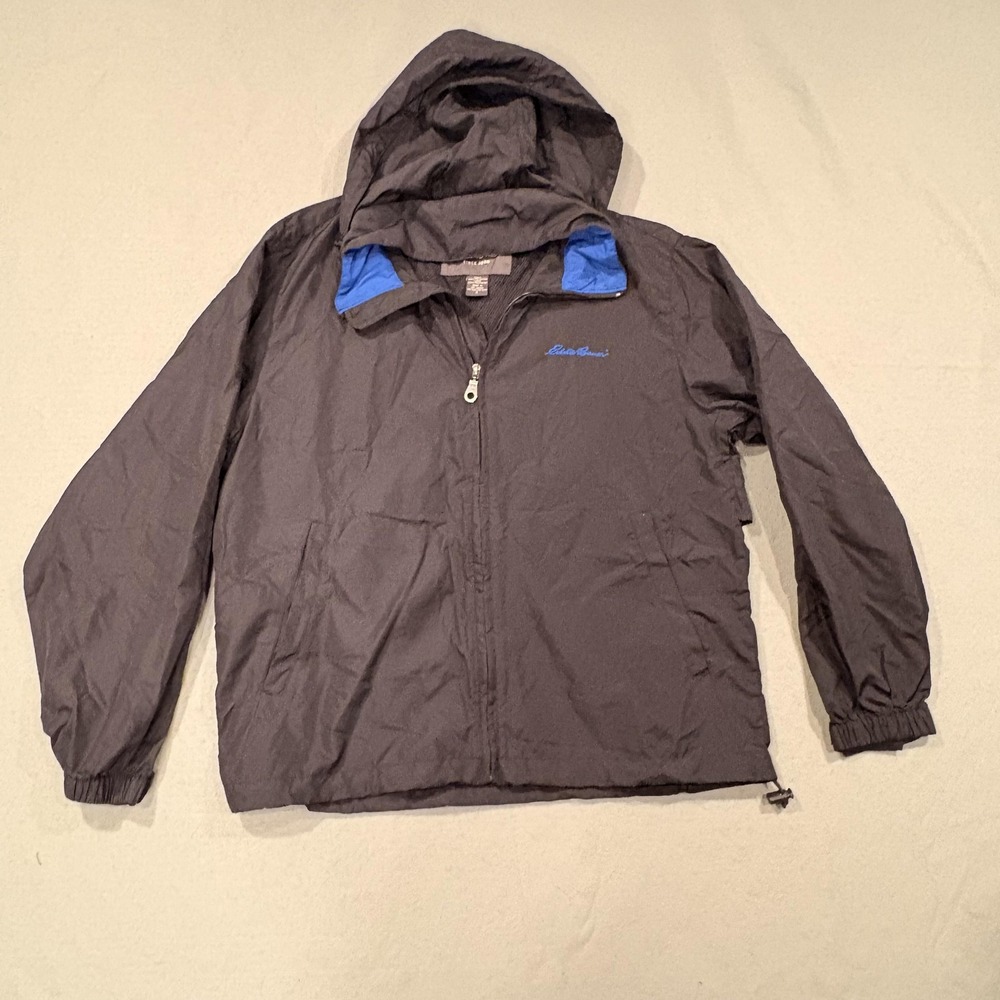 Eddie Bauer Jacket Mens Small Black Hooded Lined Packable Full Zip Lightweight